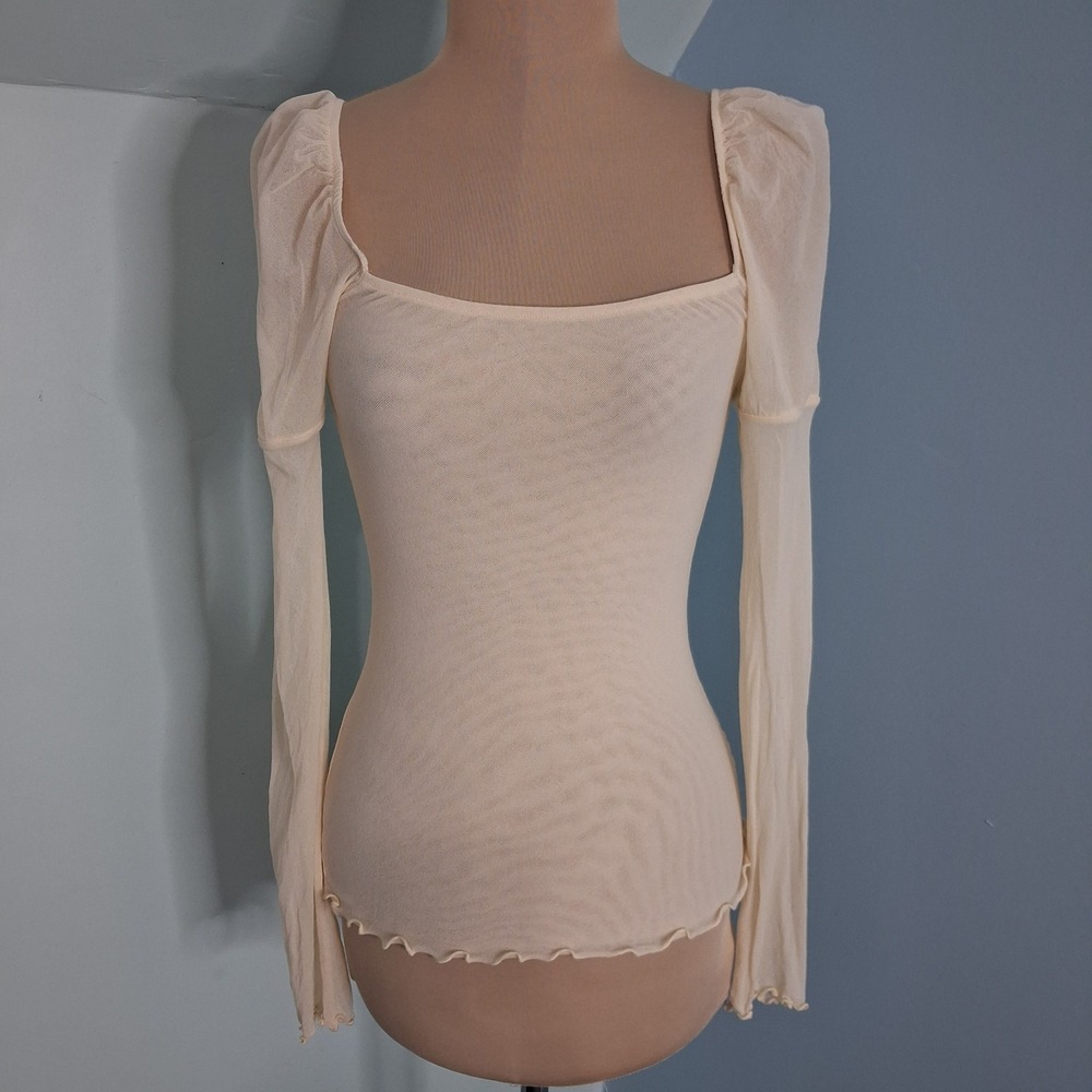 Sweet Pea y2k Romantic Mesh Top Cream Square Neck Puff Sleeve Lettuce Edge SzM